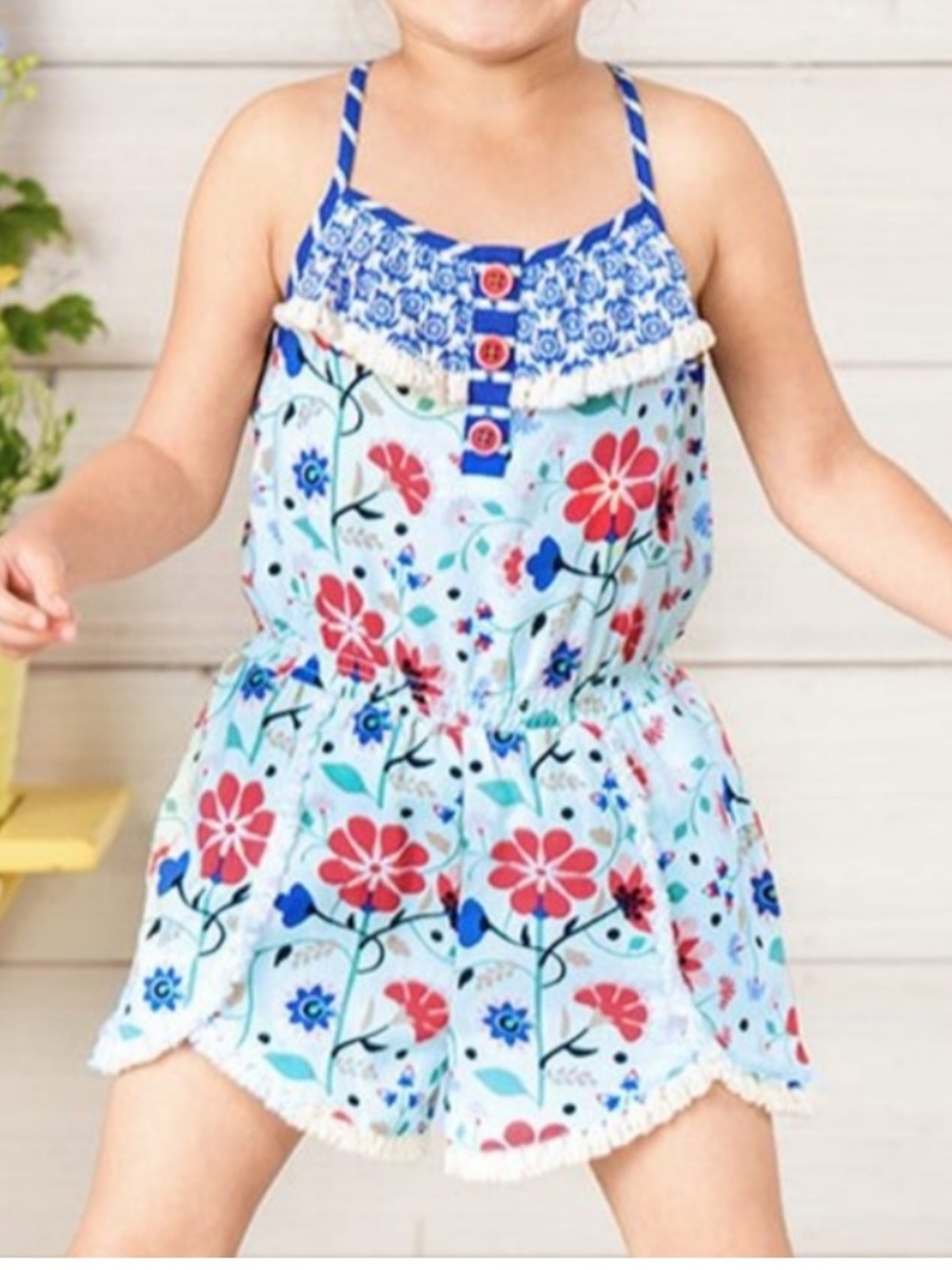 Matilda Jane Tug Of War Short Romper-Blue/Light Teal/Red Floral-Girls Size 14
